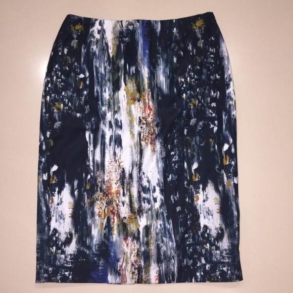 Lela Rose Abstract Art Pencil Skirt Navy Orange 4 - Picture 3 of 8